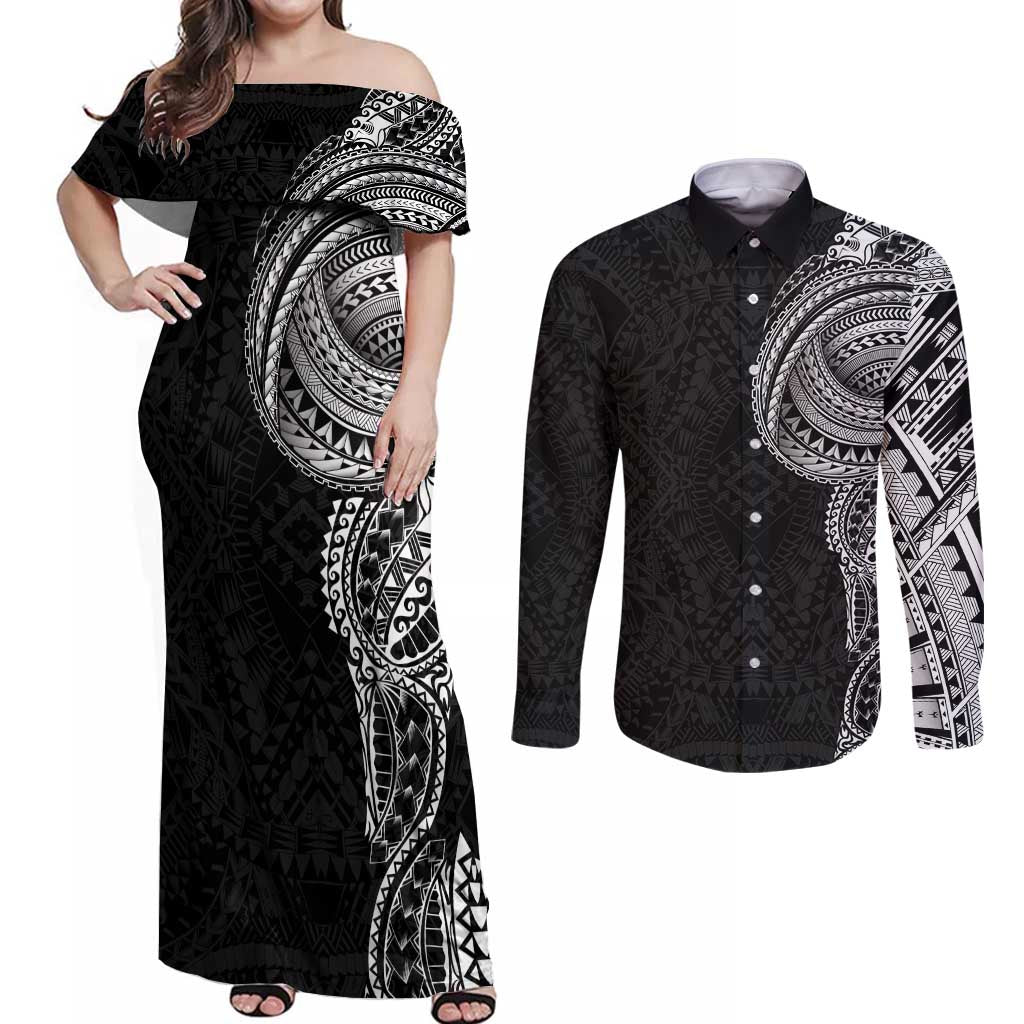 Traditional Polynesian Art Tattoos Couples Matching Off Shoulder Maxi Dress and Long Sleeve Button Shirt Black Color LT03 Black - Polynesian Pride