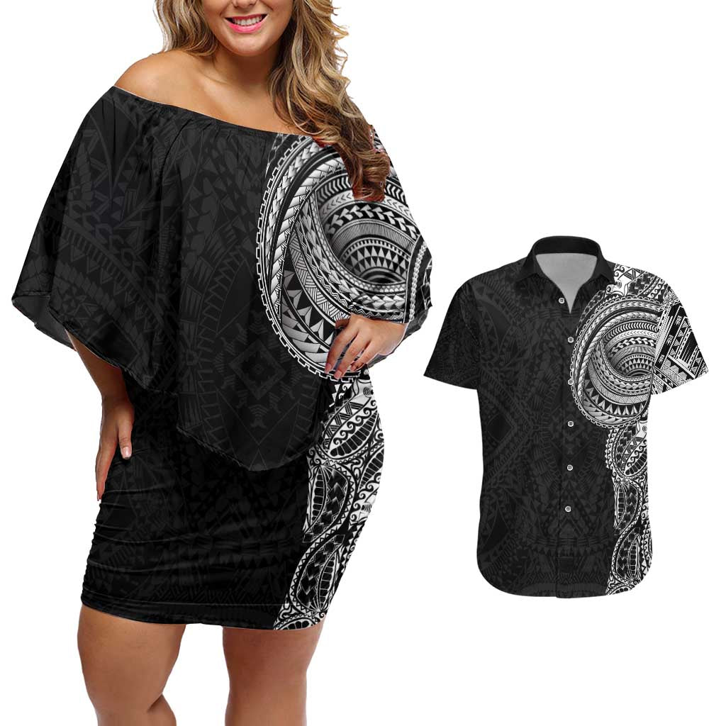 Traditional Polynesian Art Tattoos Couples Matching Off Shoulder Short Dress and Hawaiian Shirt Black Color LT03 Black - Polynesian Pride