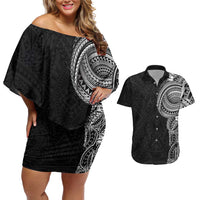 Traditional Polynesian Art Tattoos Couples Matching Off Shoulder Short Dress and Hawaiian Shirt Black Color LT03 Black - Polynesian Pride