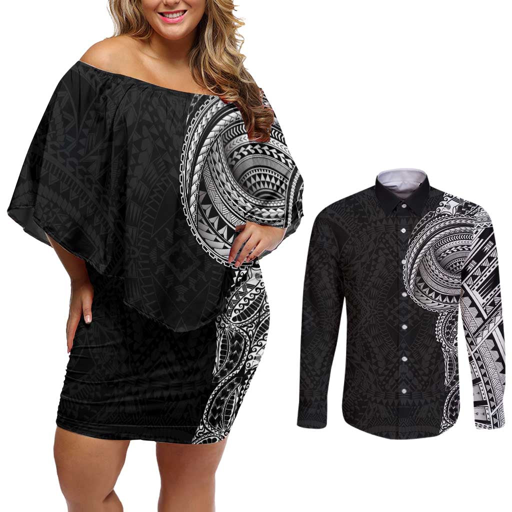 Traditional Polynesian Art Tattoos Couples Matching Off Shoulder Short Dress and Long Sleeve Button Shirt Black Color LT03 Black - Polynesian Pride