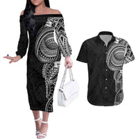Traditional Polynesian Art Tattoos Couples Matching Off The Shoulder Long Sleeve Dress and Hawaiian Shirt Black Color LT03 Black - Polynesian Pride