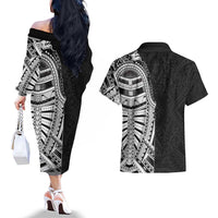 Traditional Polynesian Art Tattoos Couples Matching Off The Shoulder Long Sleeve Dress and Hawaiian Shirt Black Color LT03 - Polynesian Pride