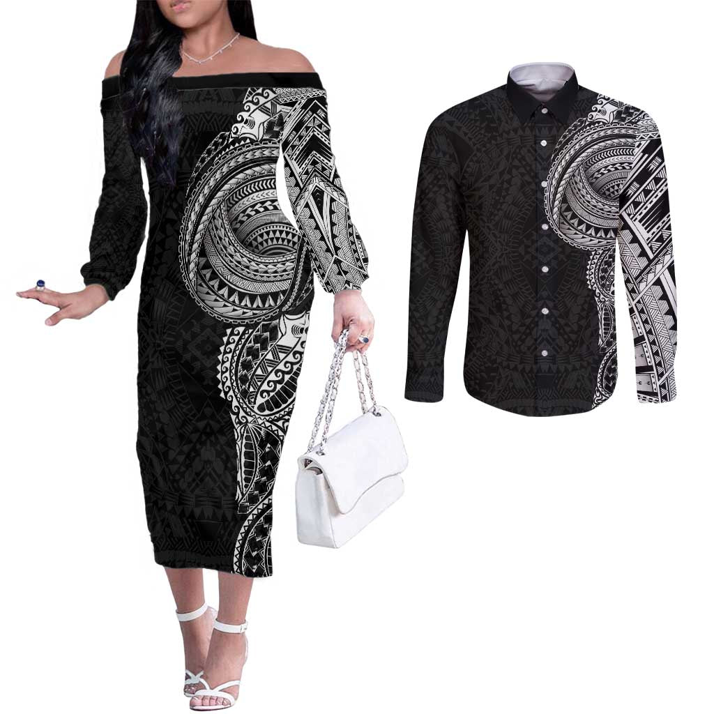 Traditional Polynesian Art Tattoos Couples Matching Off The Shoulder Long Sleeve Dress and Long Sleeve Button Shirt Black Color LT03 Black - Polynesian Pride