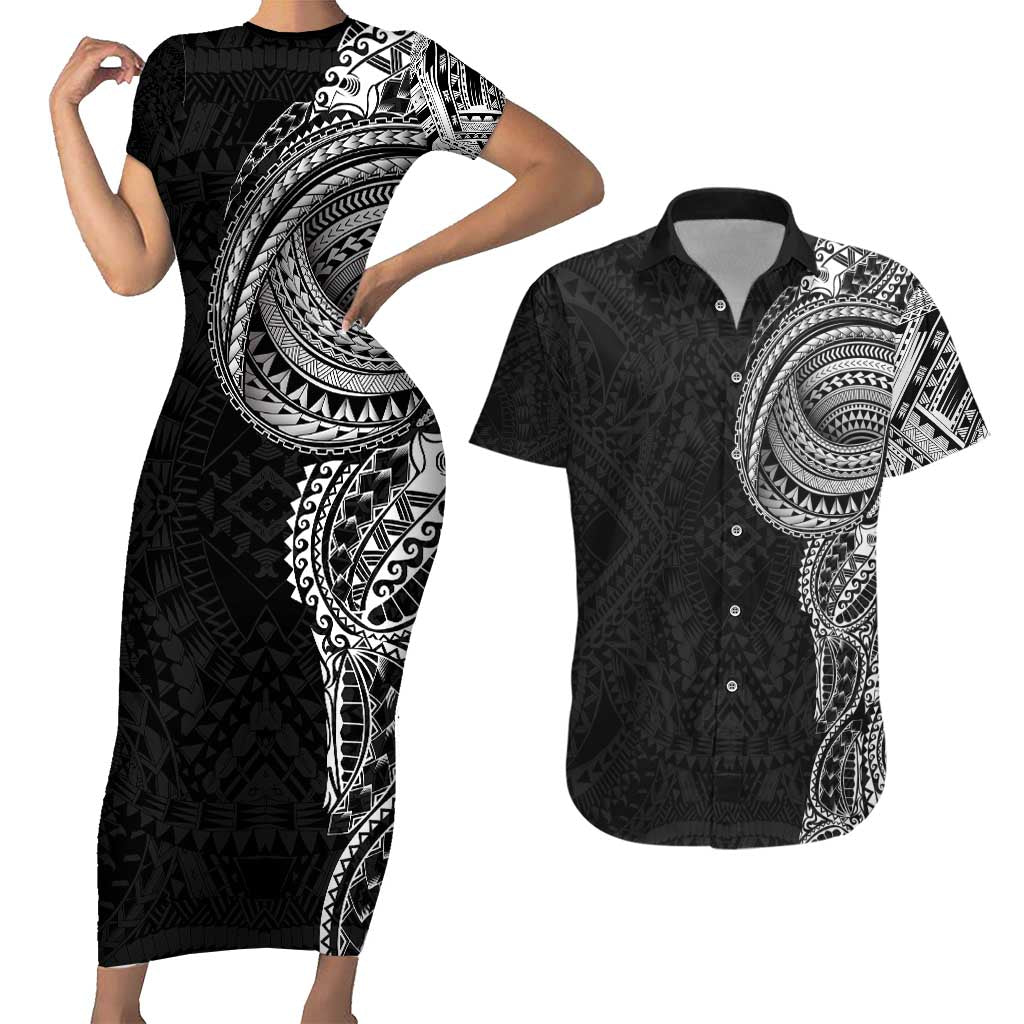 Traditional Polynesian Art Tattoos Couples Matching Short Sleeve Bodycon Dress and Hawaiian Shirt Black Color LT03 Black - Polynesian Pride