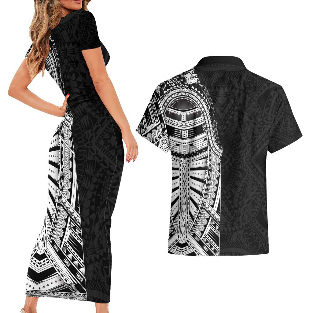 Traditional Polynesian Art Tattoos Couples Matching Short Sleeve Bodycon Dress and Hawaiian Shirt Black Color LT03 - Polynesian Pride