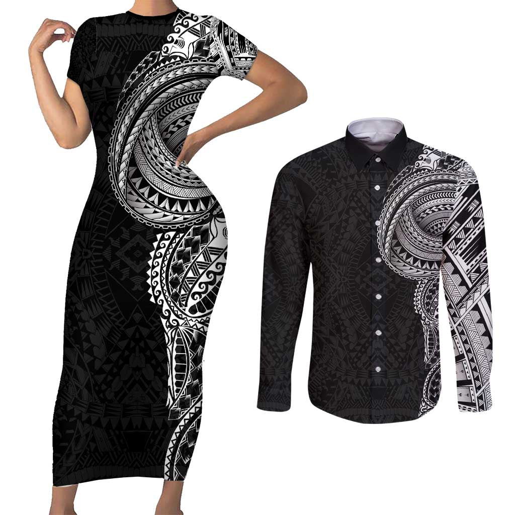 Traditional Polynesian Art Tattoos Couples Matching Short Sleeve Bodycon Dress and Long Sleeve Button Shirt Black Color LT03 Black - Polynesian Pride