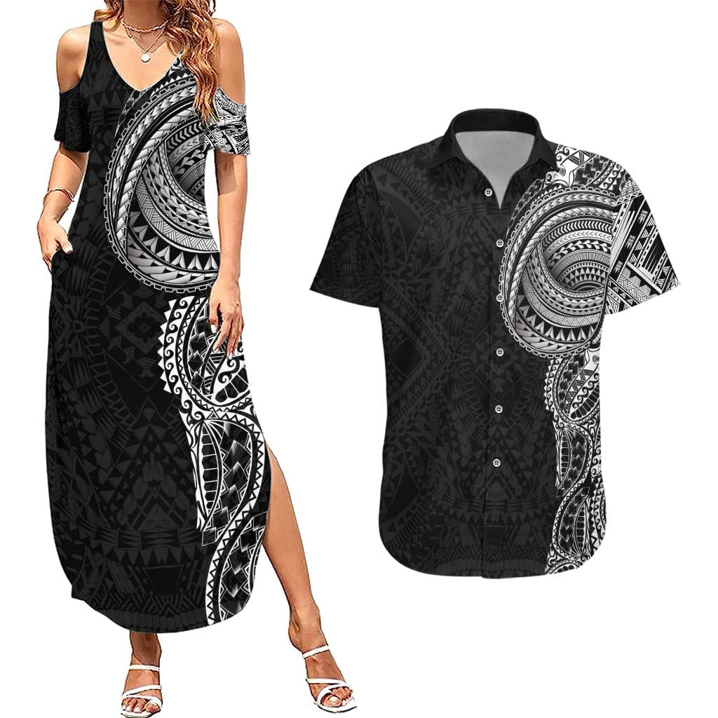 Traditional Polynesian Art Tattoos Couples Matching Summer Maxi Dress and Hawaiian Shirt Black Color LT03 Black - Polynesian Pride