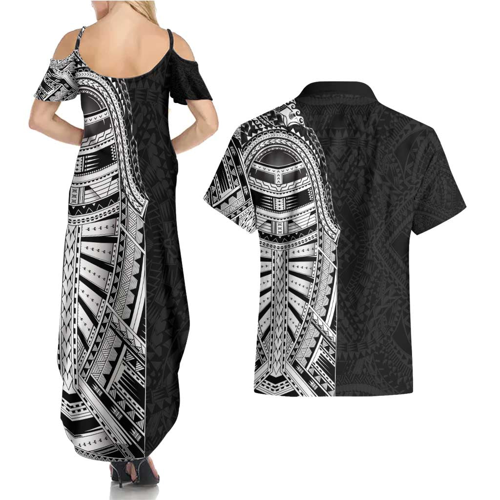 Traditional Polynesian Art Tattoos Couples Matching Summer Maxi Dress and Hawaiian Shirt Black Color LT03 - Polynesian Pride