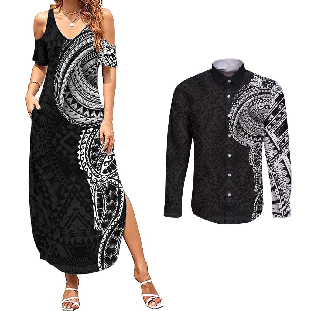 Traditional Polynesian Art Tattoos Couples Matching Summer Maxi Dress and Long Sleeve Button Shirt Black Color LT03 Black - Polynesian Pride