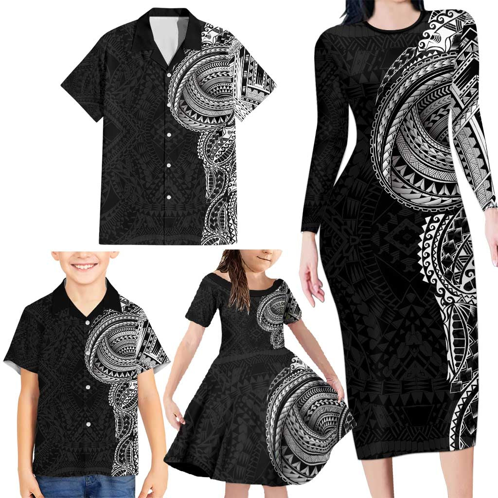 Traditional Polynesian Art Tattoos Family Matching Long Sleeve Bodycon Dress and Hawaiian Shirt Black Color LT03 - Polynesian Pride