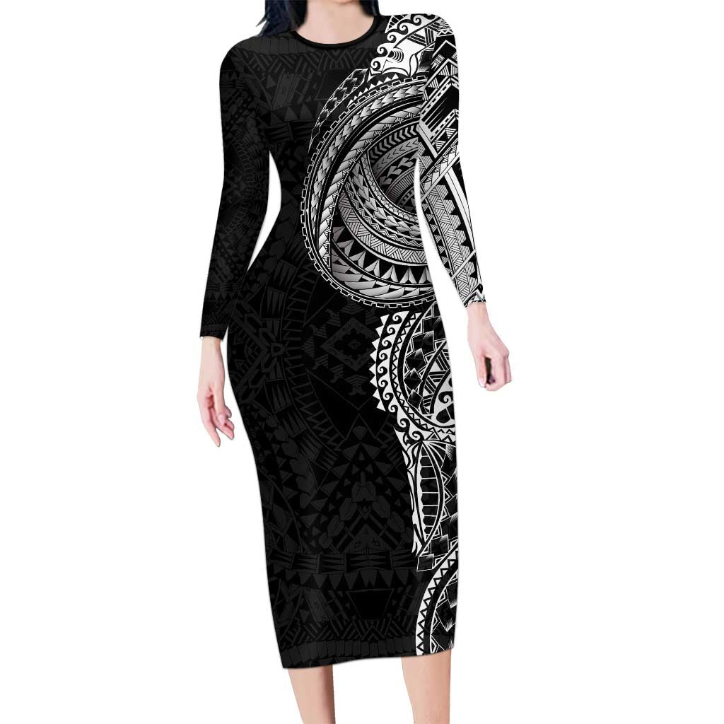 Traditional Polynesian Art Tattoos Family Matching Long Sleeve Bodycon Dress and Hawaiian Shirt Black Color LT03 Mom's Dress Black - Polynesian Pride