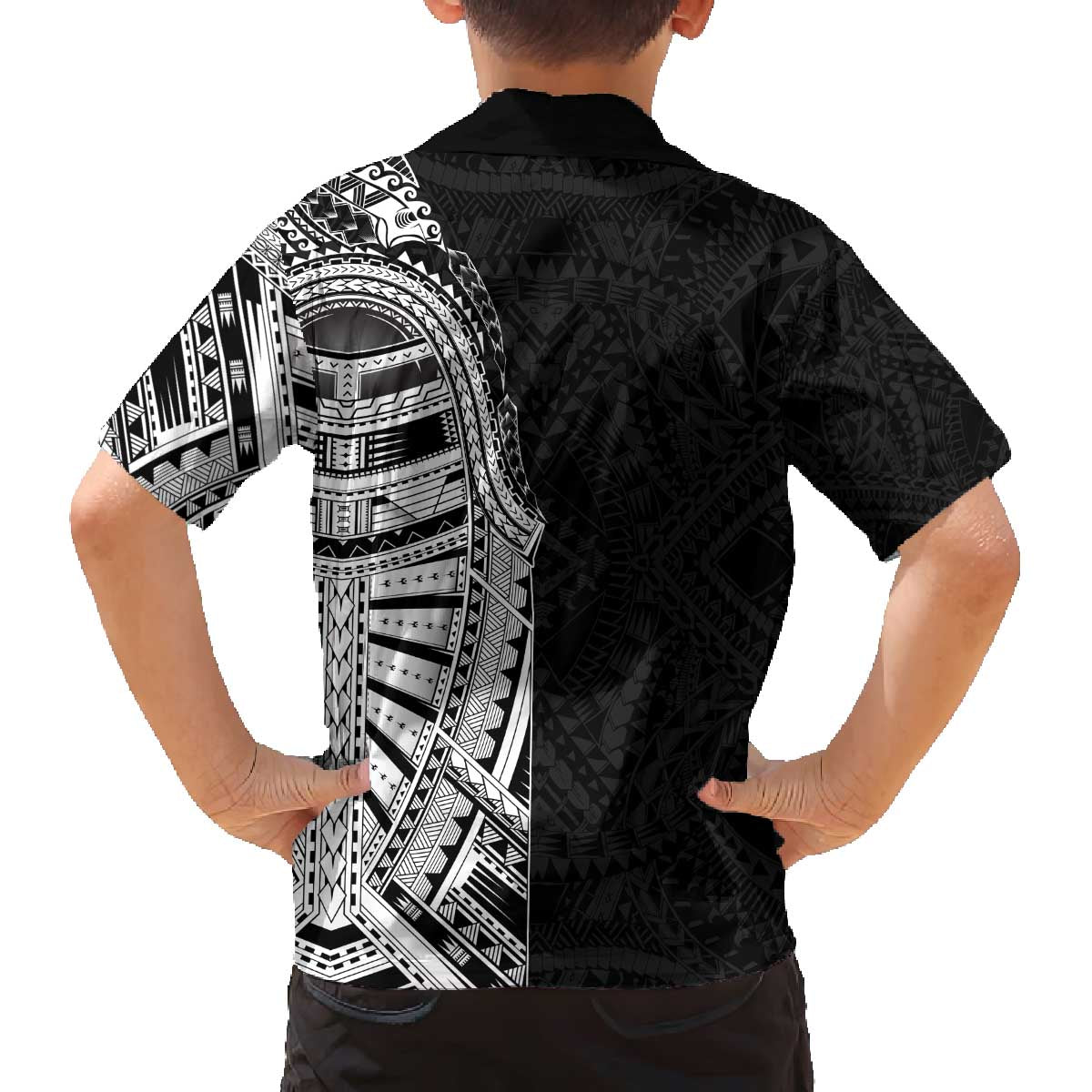 Traditional Polynesian Art Tattoos Family Matching Off The Shoulder Long Sleeve Dress and Hawaiian Shirt Black Color LT03 - Polynesian Pride