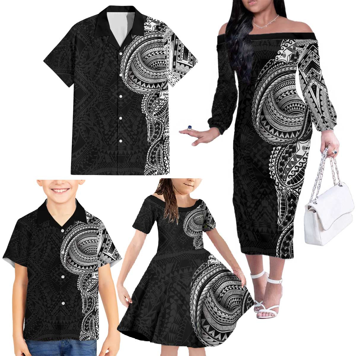 Traditional Polynesian Art Tattoos Family Matching Off The Shoulder Long Sleeve Dress and Hawaiian Shirt Black Color LT03 - Polynesian Pride