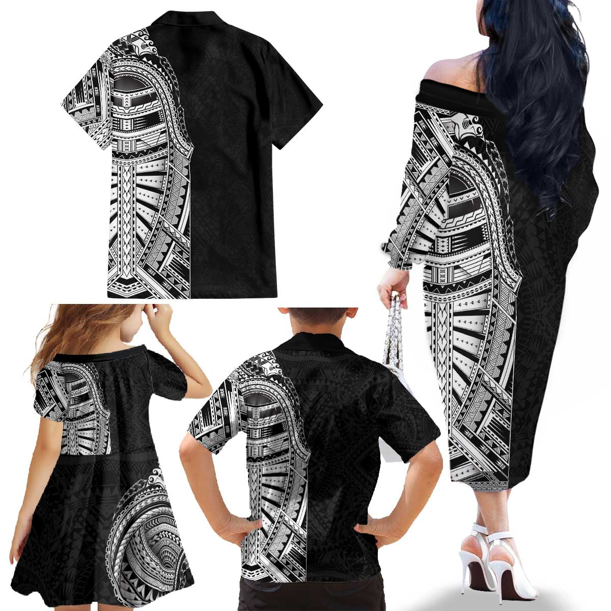 Traditional Polynesian Art Tattoos Family Matching Off The Shoulder Long Sleeve Dress and Hawaiian Shirt Black Color LT03 - Polynesian Pride