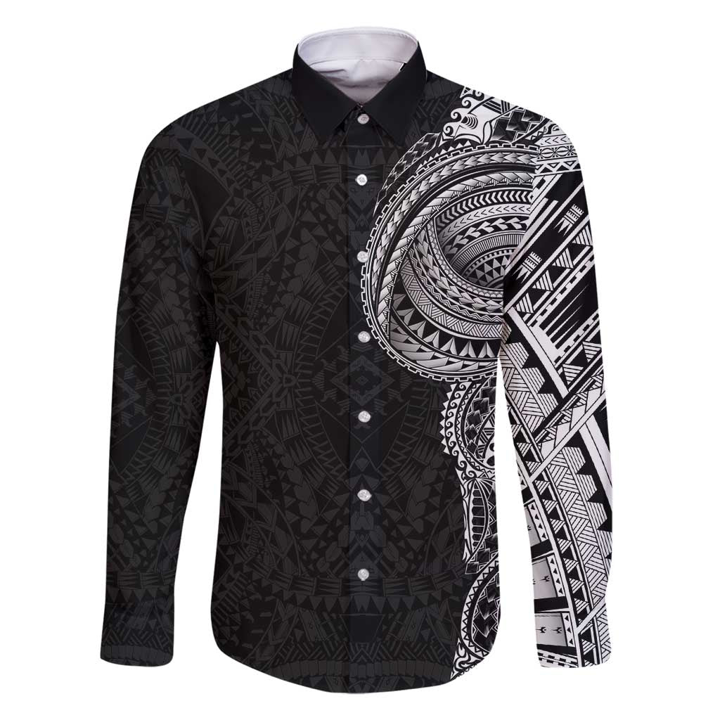 Traditional Polynesian Art Tattoos Family Matching Off Shoulder Maxi Dress and Hawaiian Shirt Black Color LT03 Dad's Shirt - Long Sleeve Black - Polynesian Pride