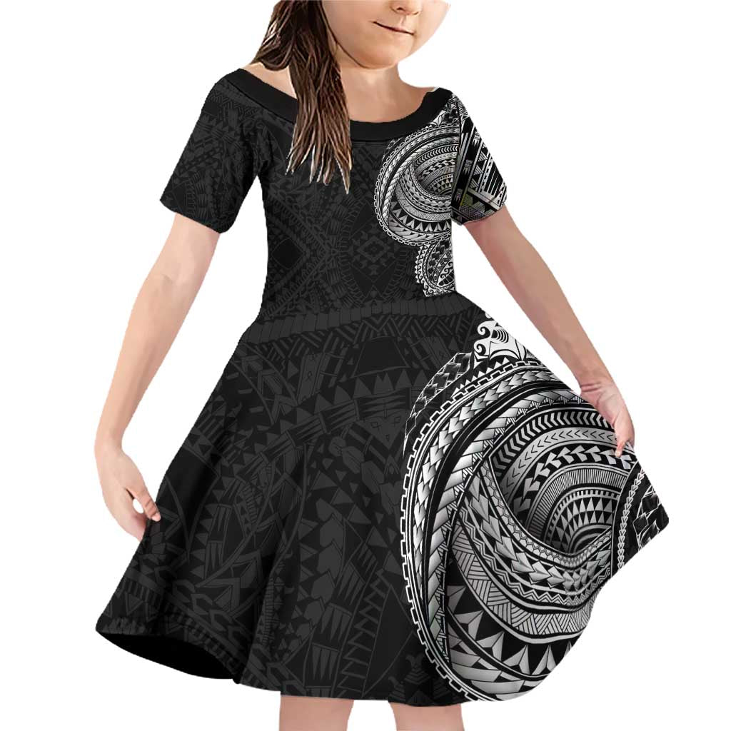 Traditional Polynesian Art Tattoos Family Matching Off Shoulder Short Dress and Hawaiian Shirt Black Color LT03 Daughter's Dress Black - Polynesian Pride