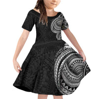 Traditional Polynesian Art Tattoos Family Matching Off Shoulder Short Dress and Hawaiian Shirt Black Color LT03 Daughter's Dress Black - Polynesian Pride