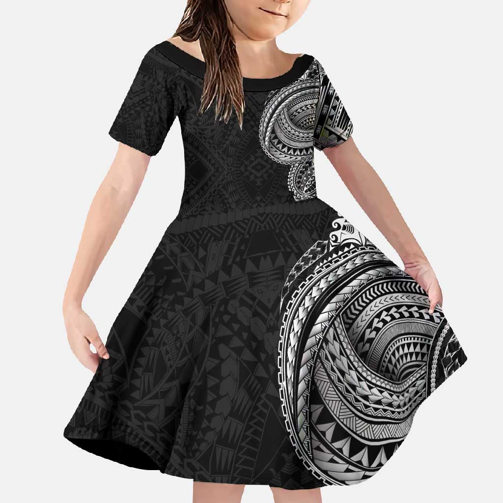 Traditional Polynesian Art Tattoos Family Matching Short Sleeve Bodycon Dress and Hawaiian Shirt Black Color LT03 Daughter's Dress Black - Polynesian Pride