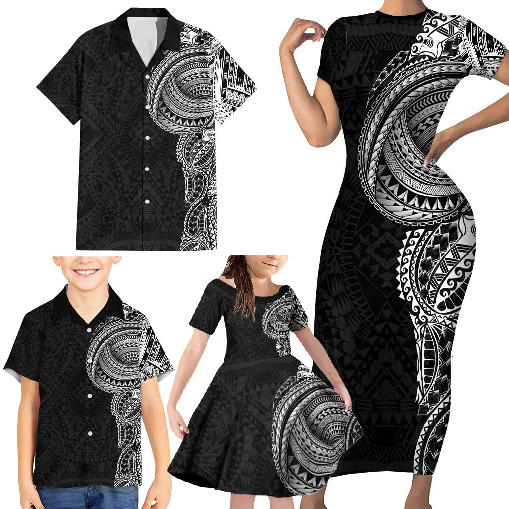 Traditional Polynesian Art Tattoos Family Matching Short Sleeve Bodycon Dress and Hawaiian Shirt Black Color LT03 - Polynesian Pride
