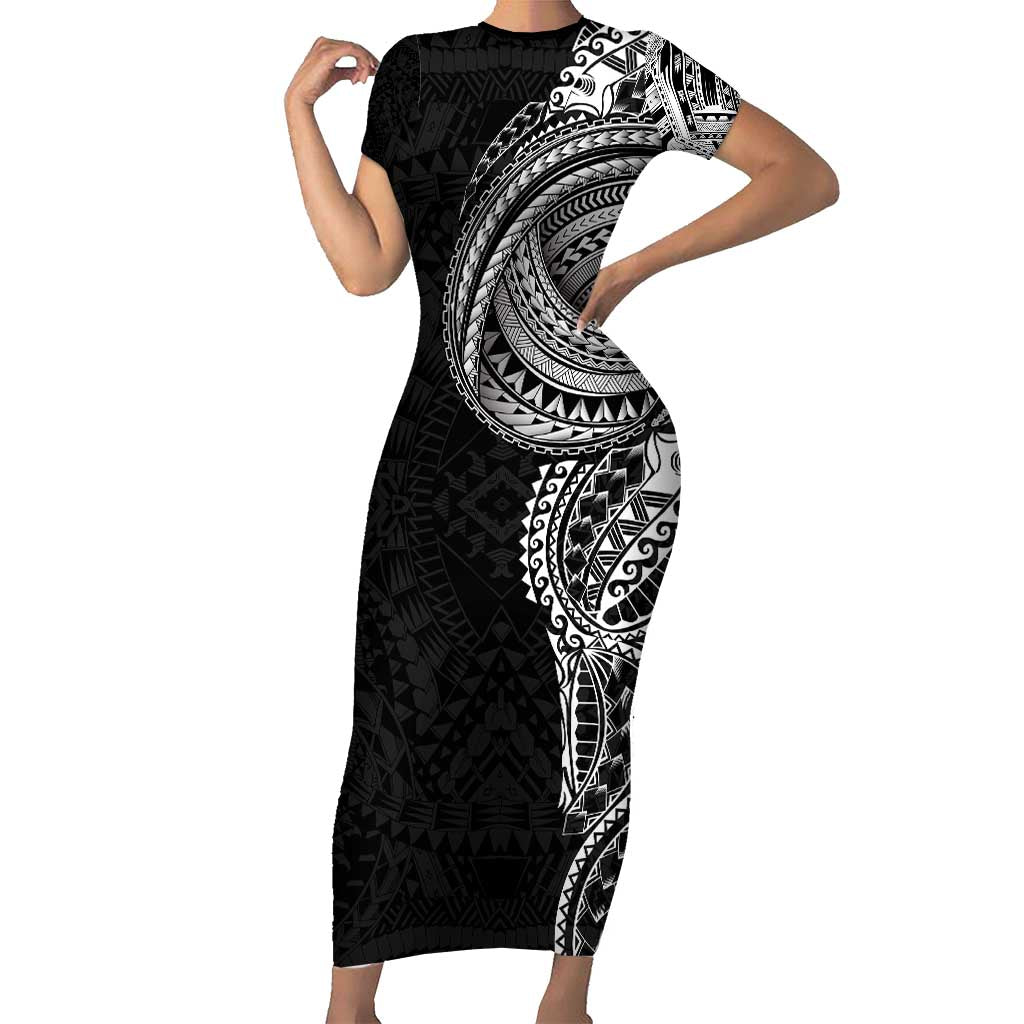 Traditional Polynesian Art Tattoos Family Matching Short Sleeve Bodycon Dress and Hawaiian Shirt Black Color LT03 Mom's Dress Black - Polynesian Pride