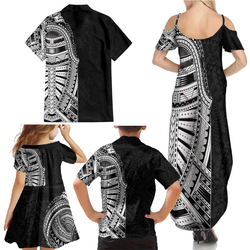 Traditional Polynesian Art Tattoos Family Matching Summer Maxi Dress and Hawaiian Shirt Black Color LT03 - Polynesian Pride