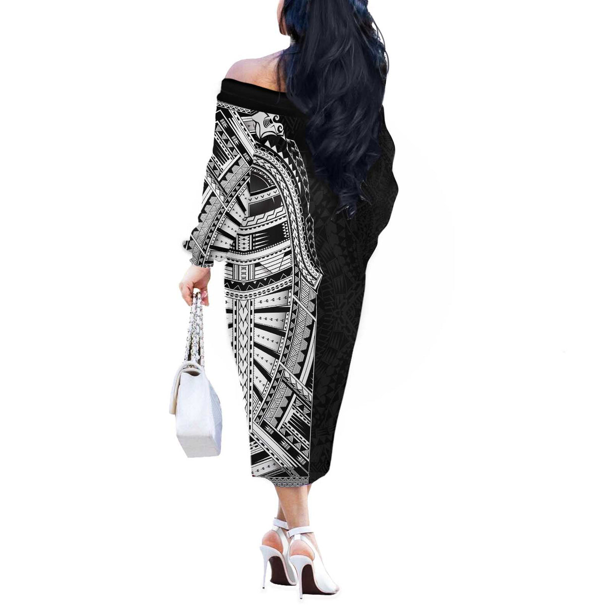 Traditional Polynesian Art Tattoos Off The Shoulder Long Sleeve Dress Black Color - Polynesian Pride