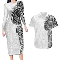 Traditional Polynesian Art Tattoos Couples Matching Long Sleeve Bodycon Dress and Hawaiian Shirt White Color LT03 White - Polynesian Pride