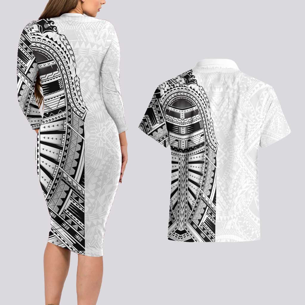 Traditional Polynesian Art Tattoos Couples Matching Long Sleeve Bodycon Dress and Hawaiian Shirt White Color LT03 - Polynesian Pride