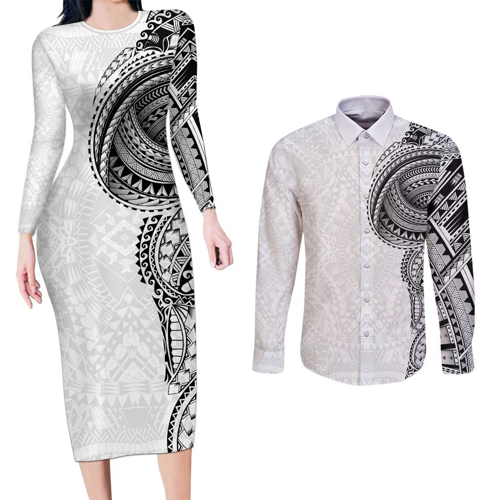 Traditional Polynesian Art Tattoos Couples Matching Long Sleeve Bodycon Dress and Long Sleeve Button Shirt White Color LT03 White - Polynesian Pride