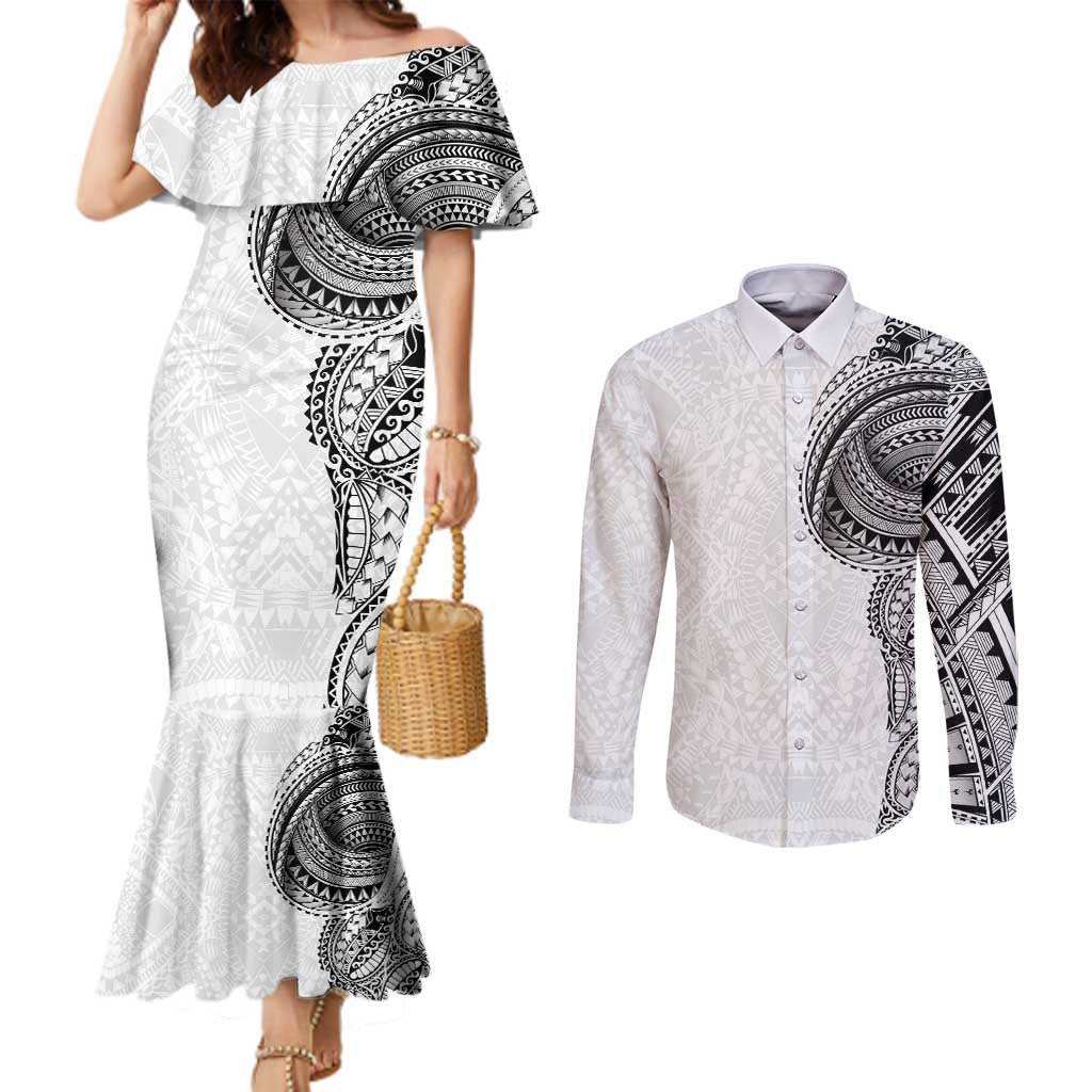 Traditional Polynesian Art Tattoos Couples Matching Mermaid Dress and Long Sleeve Button Shirt White Color LT03 White - Polynesian Pride