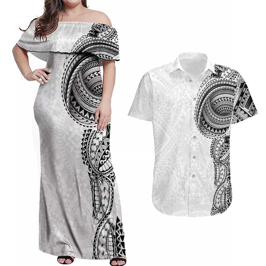 Traditional Polynesian Art Tattoos Couples Matching Off Shoulder Maxi Dress and Hawaiian Shirt White Color LT03 White - Polynesian Pride