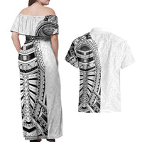 Traditional Polynesian Art Tattoos Couples Matching Off Shoulder Maxi Dress and Hawaiian Shirt White Color LT03 - Polynesian Pride