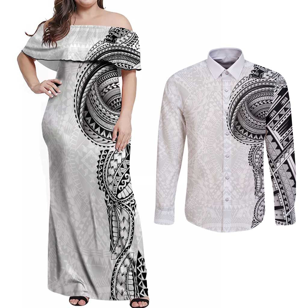 Traditional Polynesian Art Tattoos Couples Matching Off Shoulder Maxi Dress and Long Sleeve Button Shirt White Color LT03 White - Polynesian Pride