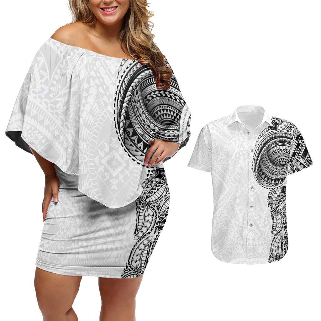 Traditional Polynesian Art Tattoos Couples Matching Off Shoulder Short Dress and Hawaiian Shirt White Color LT03 White - Polynesian Pride