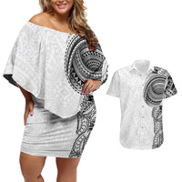Traditional Polynesian Art Tattoos Couples Matching Off Shoulder Short Dress and Hawaiian Shirt White Color LT03 White - Polynesian Pride