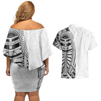 Traditional Polynesian Art Tattoos Couples Matching Off Shoulder Short Dress and Hawaiian Shirt White Color LT03 - Polynesian Pride