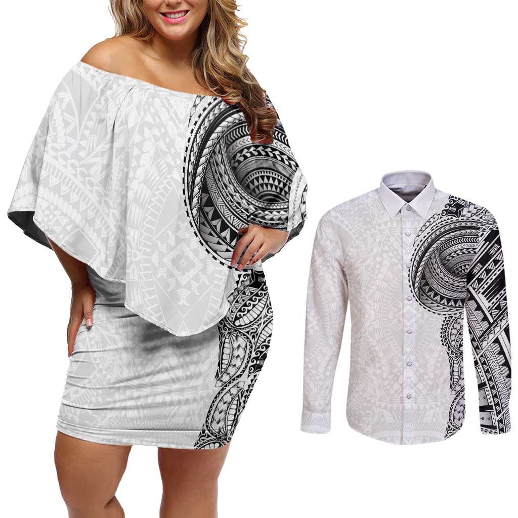 Traditional Polynesian Art Tattoos Couples Matching Off Shoulder Short Dress and Long Sleeve Button Shirt White Color LT03 White - Polynesian Pride