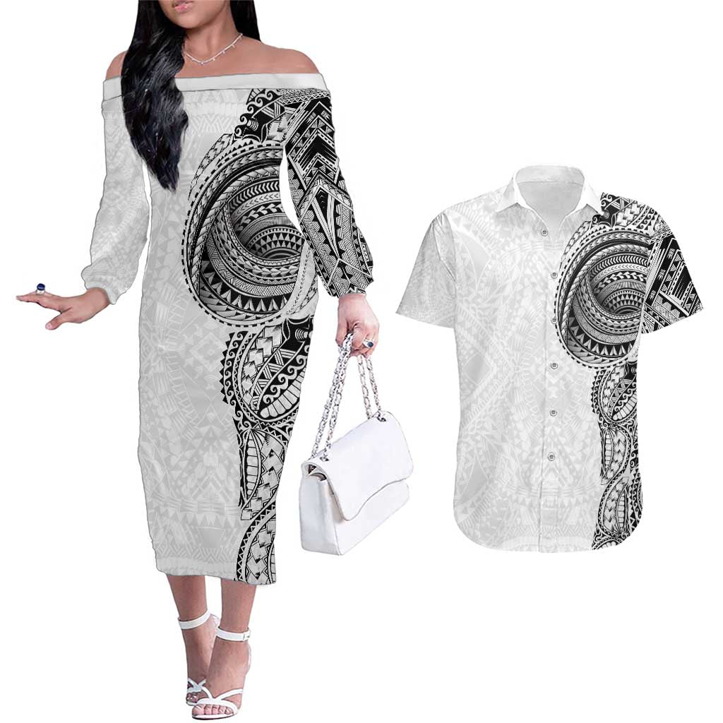 Traditional Polynesian Art Tattoos Couples Matching Off The Shoulder Long Sleeve Dress and Hawaiian Shirt White Color LT03 White - Polynesian Pride