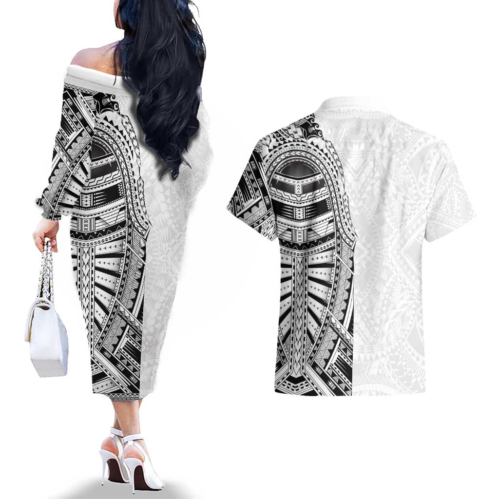 Traditional Polynesian Art Tattoos Couples Matching Off The Shoulder Long Sleeve Dress and Hawaiian Shirt White Color LT03 - Polynesian Pride
