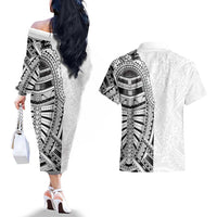 Traditional Polynesian Art Tattoos Couples Matching Off The Shoulder Long Sleeve Dress and Hawaiian Shirt White Color LT03 - Polynesian Pride