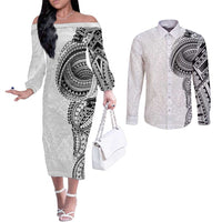 Traditional Polynesian Art Tattoos Couples Matching Off The Shoulder Long Sleeve Dress and Long Sleeve Button Shirt White Color LT03 White - Polynesian Pride