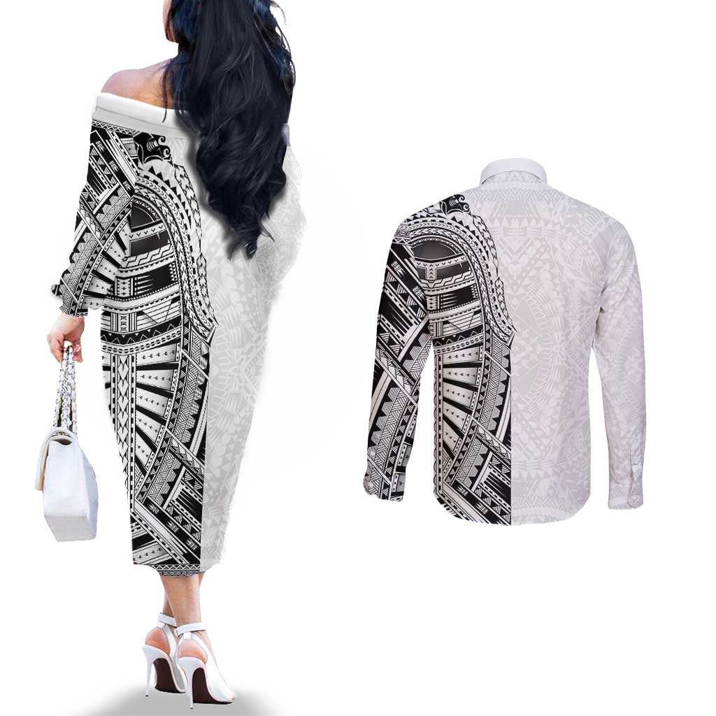 Traditional Polynesian Art Tattoos Couples Matching Off The Shoulder Long Sleeve Dress and Long Sleeve Button Shirt White Color LT03 - Polynesian Pride
