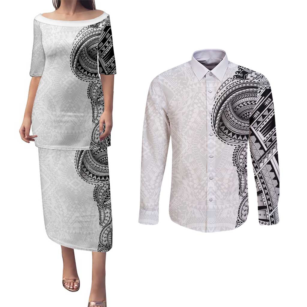 Traditional Polynesian Art Tattoos Couples Matching Puletasi and Long Sleeve Button Shirt White Color LT03 White - Polynesian Pride