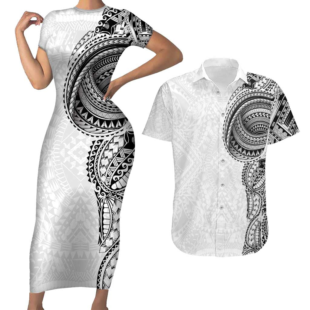Traditional Polynesian Art Tattoos Couples Matching Short Sleeve Bodycon Dress and Hawaiian Shirt White Color LT03 White - Polynesian Pride