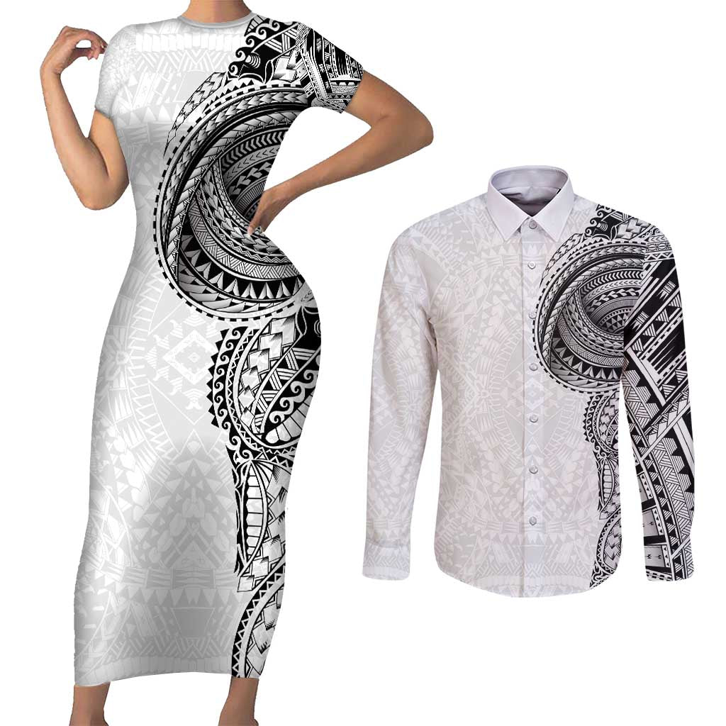 Traditional Polynesian Art Tattoos Couples Matching Short Sleeve Bodycon Dress and Long Sleeve Button Shirt White Color LT03 White - Polynesian Pride