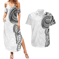 Traditional Polynesian Art Tattoos Couples Matching Summer Maxi Dress and Hawaiian Shirt White Color LT03 White - Polynesian Pride