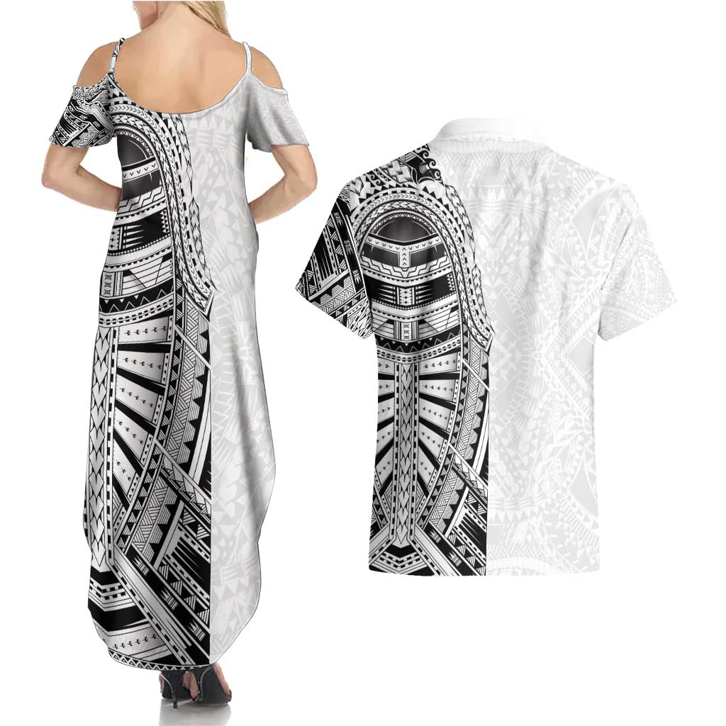Traditional Polynesian Art Tattoos Couples Matching Summer Maxi Dress and Hawaiian Shirt White Color LT03 - Polynesian Pride