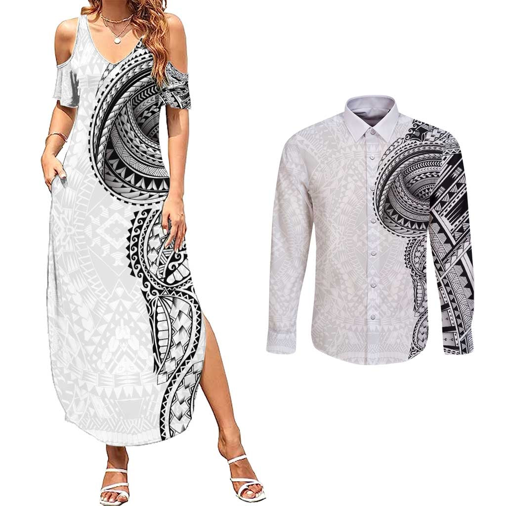 Traditional Polynesian Art Tattoos Couples Matching Summer Maxi Dress and Long Sleeve Button Shirt White Color LT03 White - Polynesian Pride