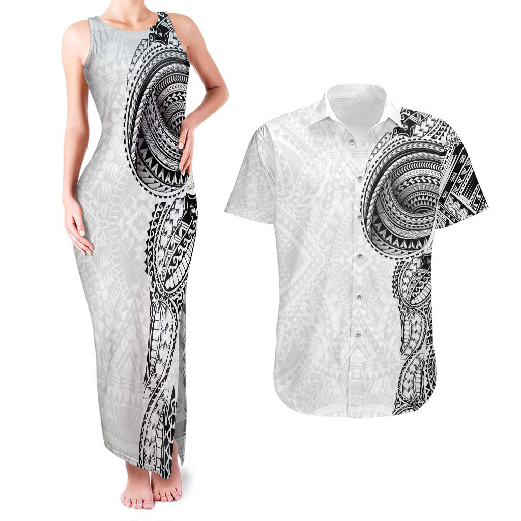 Traditional Polynesian Art Tattoos Couples Matching Tank Maxi Dress and Hawaiian Shirt White Color LT03 White - Polynesian Pride