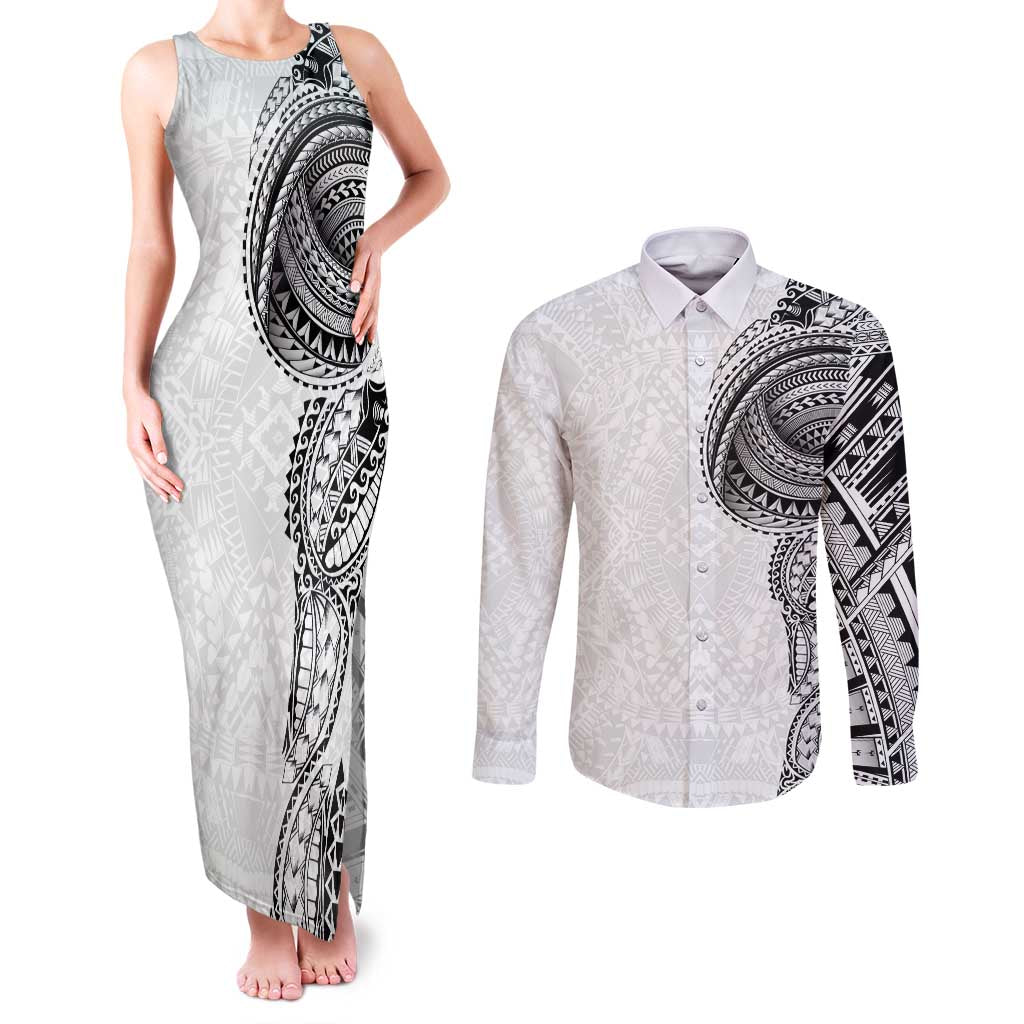 Traditional Polynesian Art Tattoos Couples Matching Tank Maxi Dress and Long Sleeve Button Shirt White Color LT03 White - Polynesian Pride